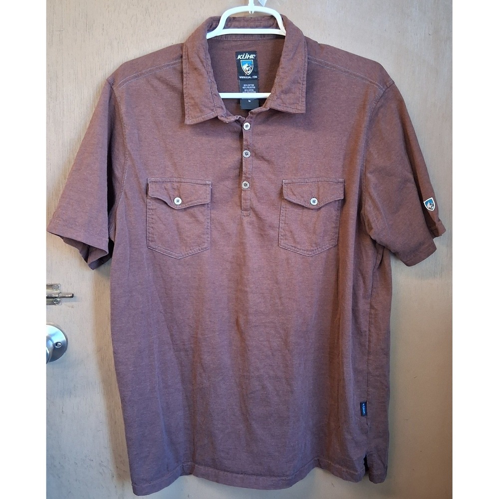 Kuhl Mens Brown SS Soft Touch Solid Brown Polo Large Buttons Casual Outdoor EUC